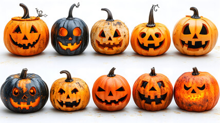 Set of scary Halloween pumpkins on light background, assorted different designs, mockup templates for artwork design, cool elements for your Halloween party invitation card, poster, banner, wallpaper.
