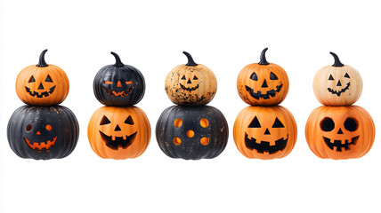 Set of scary Halloween pumpkins on light background, assorted different designs, mockup templates for artwork design, cool elements for your Halloween party invitation card, poster, banner, wallpaper.
