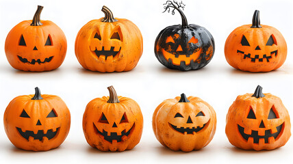Set of scary Halloween pumpkins on light background, assorted different designs, mockup templates for artwork design, cool elements for your Halloween party invitation card, poster, banner, wallpaper.