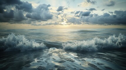 Obraz premium Dramatic Ocean Waves Crashing Under Cloudy Sunset Sky - Natural Beauty and Power of Water.