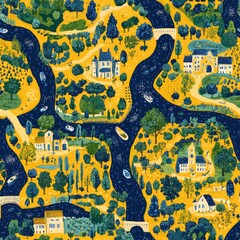 Whimsical River Landscape with Charming Countryside Homes, Winding Waterways, Lush Trees, and Boats, Capturing the Joy of Exploration, Tranquility, and Scenic Rural Life in a Playful Illustration