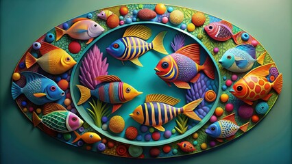 Fototapeta premium Circular abstract wall art with tropical fish theme, vibrant-colored geometric shapes , tropical, fish, abstract, wall art