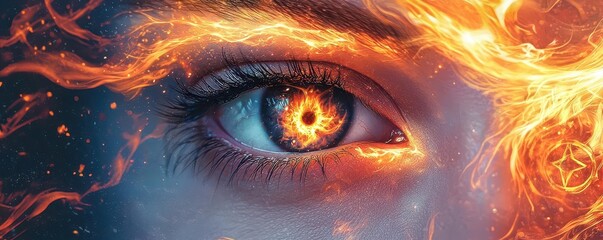 Enchanting eye surrounded by swirling fiery magic, with flames dancing around the iris and mystical symbols glowing in the background