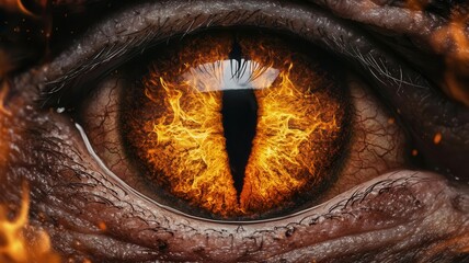 Fiery dragon s eye burning with magic, with flames flickering around the iris and glowing embers floating in the air