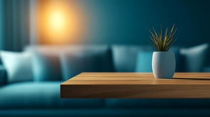 Cozy living room scene featuring a wooden table, potted plant, and soft blue couch in a tranquil setting.