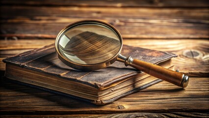 Magnifying glass resting on vintage book pages on rustic wooden table, antique, vintage, retro, magnifying glass