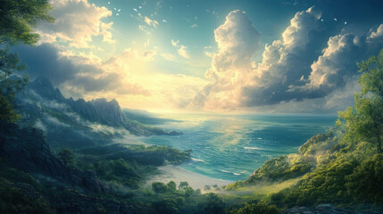 breathtaking vista of serene beach landscape, featuring lush greenery, rolling hills, and vibrant sky filled with clouds. tranquil ocean waves gently lap at shore, creating peaceful atmosphere