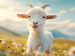 Fototapeta premium Cute goat standing in a field of flowers, smiling under a sunny sky.