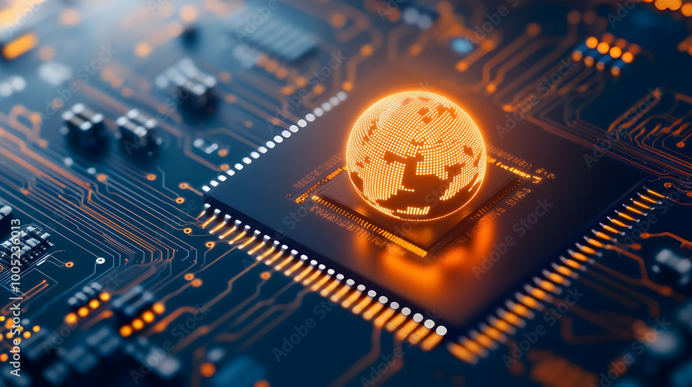 Poster futuristic globe on a microchip, representing global connectivity and technology innovation.