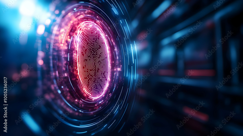 Poster futuristic glowing circular display with vibrant lights and intricate digital patterns.