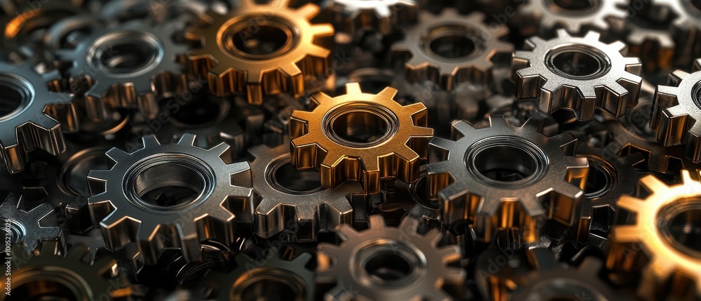 Poster close-up of interlocking metallic gears - symbol of teamwork and mechanism