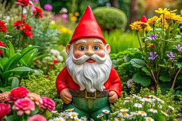 Obraz premium Whimsical ceramic garden gnome with bright red hat and white beard, surrounded by vibrant flowers and lush greenery in a serene outdoor setting.