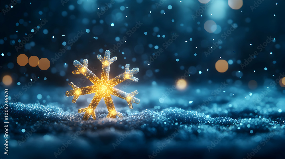 Poster glowing snowflake on a soft snowy surface, illuminated by enchanting bokeh lights in a winter wonder