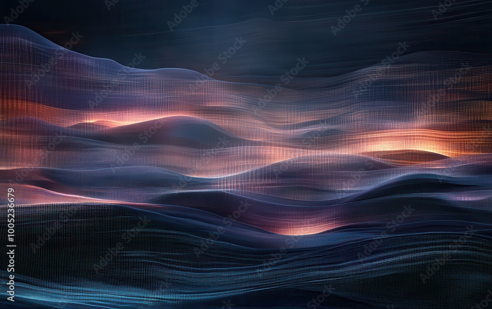 Poster abstract digital landscape with glowing waves and grid pattern.