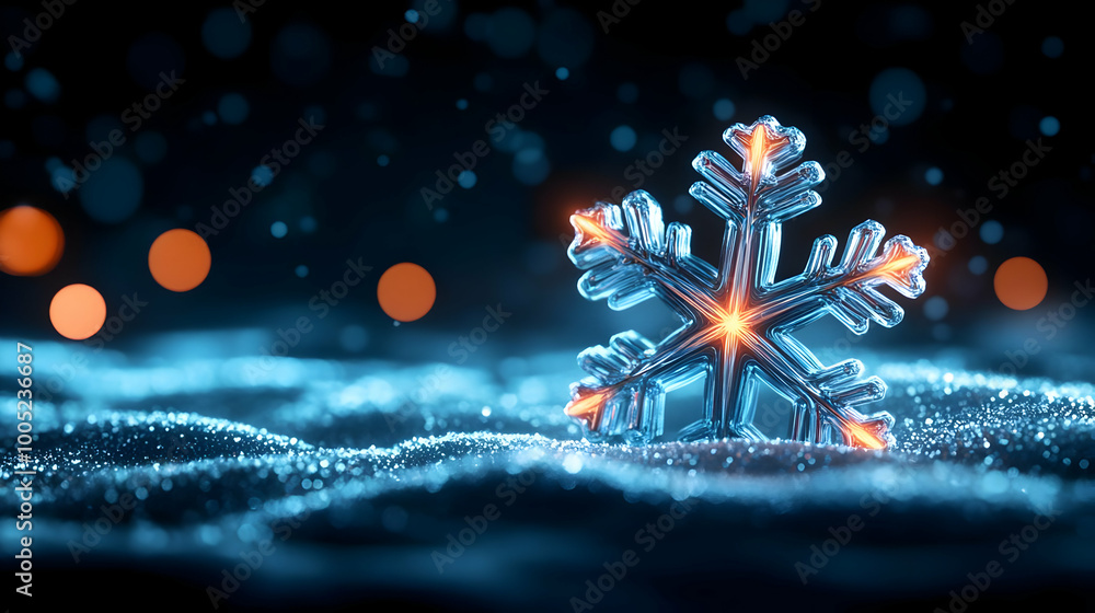 Poster glowing snowflake on a sparkling surface with blurred colorful lights in the background.