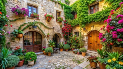 Fototapeta premium Serene Mediterranean courtyard with lush greenery, colorful flowers, and rustic stone walls , Mediterranean, courtyard