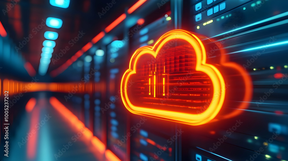 Poster digital cloud icon glowing in a server room filled with data storage units.