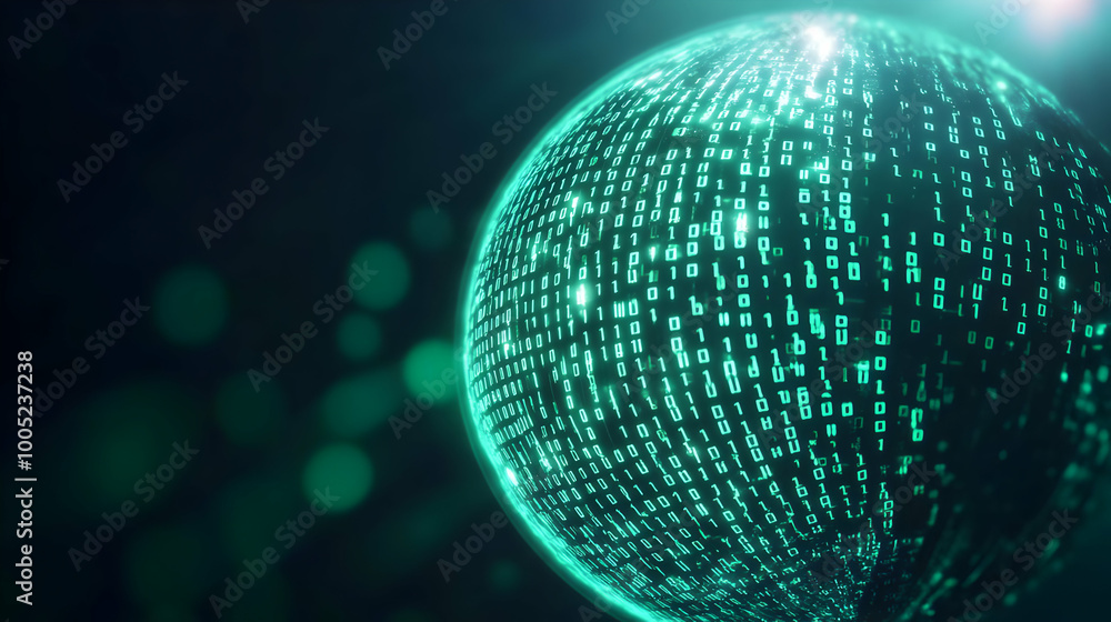 Poster digital globe with binary code effect, glowing green light, abstract technology representation on da