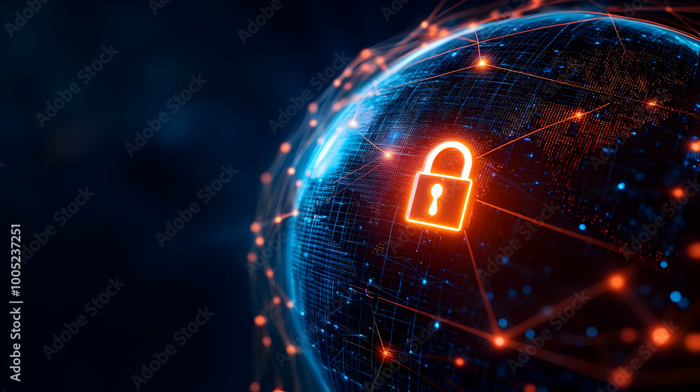 Poster digital globe with an illuminated lock symbol representing cybersecurity and data protection.