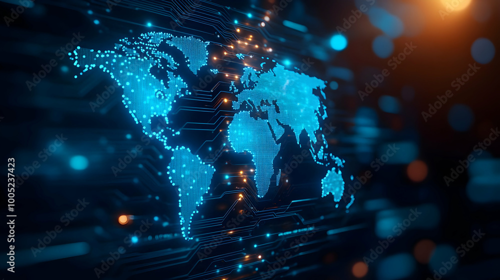 Poster digital world map with glowing circuits, symbolizing global connectivity and technology advancements
