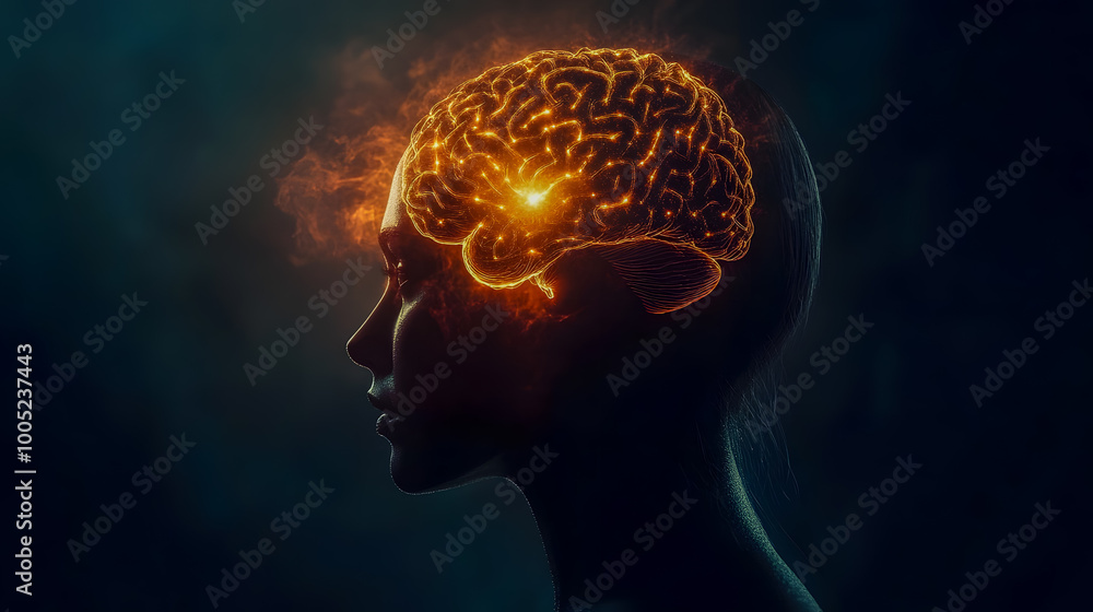 Poster illuminated brain concept in profile view