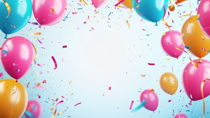 Colorful Balloons and Confetti Floating on Blue Background - Celebration, Party, Birthday, Anniversary, Festive, Fun, Joy, Happiness