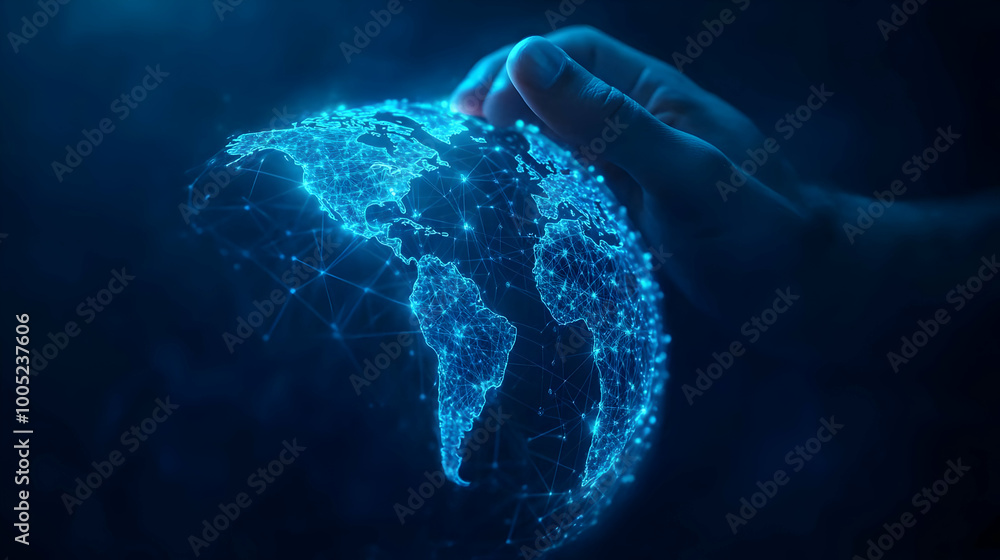 Poster hand holding a glowing digital globe with a network of dots representing global connectivity.