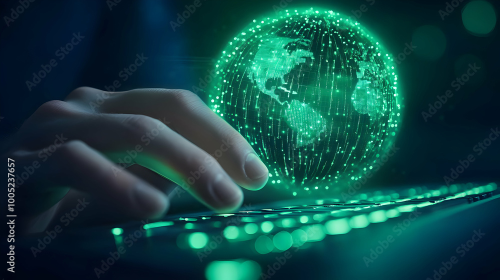 Poster hand interacting with a glowing digital globe while typing on a keyboard, futuristic concept.