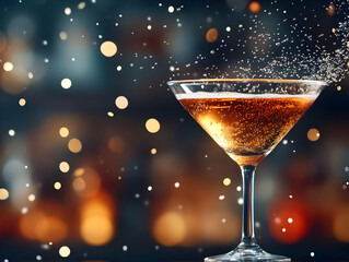 Elegant cocktail with sparkling bubbles, against a blurred bokeh background.