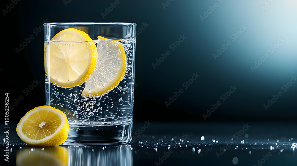 Poster lemon slices in a glass of sparkling water with bubbles and a dark gradient background.