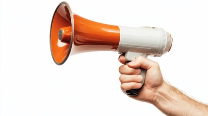 Close-up of a hand holding an orange and white megaphone, isolated on a white background. Perfect for announcements and communication concepts.