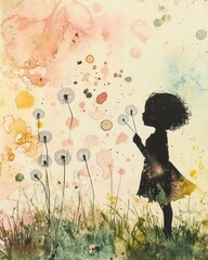 Watercolor Painting of a Girl Blowing Dandelions in a Field with a Watercolor Background.