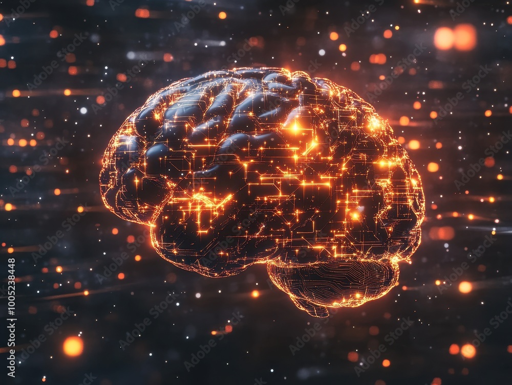 Poster 3d render of a human brain with glowing circuitry and bokeh lights - ai, artificial intelligence, ne