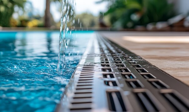 Close-up of a pool edge with water cascading. Modern design with vibrant blue water and pool drain detail, perfect for travel or relaxation themes.