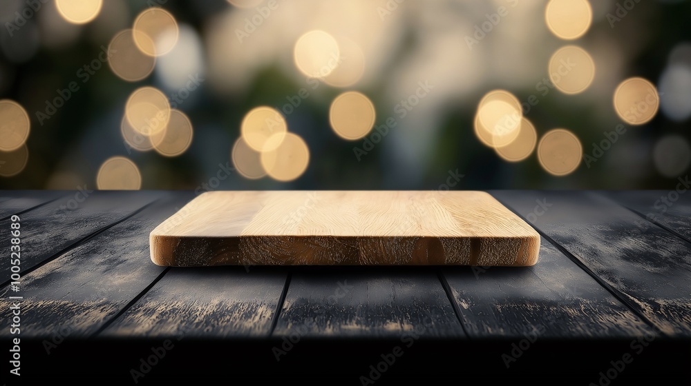 Poster wooden cutting board on rustic table with bokeh background