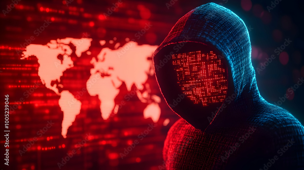 Poster mysterious figure in a hoodie surrounded by digital elements and a world map, representing cybersecu