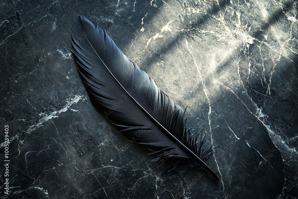 Poster a single black feather resting on a dark marble surface illuminated by natural light in a serene ind