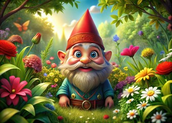 Obraz premium Whimsical illustration of a cheerful, bearded gnome in a pointed red hat, surrounded by lush greenery and vibrant flowers in a fantastical garden setting.