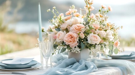 Elegant Table Setting with Peach Roses and Blue Accents