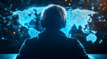Person using a headset, looking at a digital globe with network connections, futuristic concept.