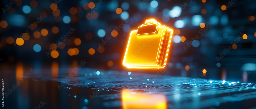 Poster glowing digital folder icon on a blurred abstract background, representing data storage and cybersec