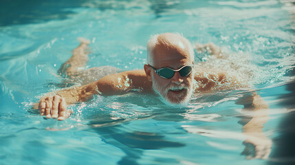 Naklejka premium Senior man swimming laps in sunny outdoor pool to stay fit