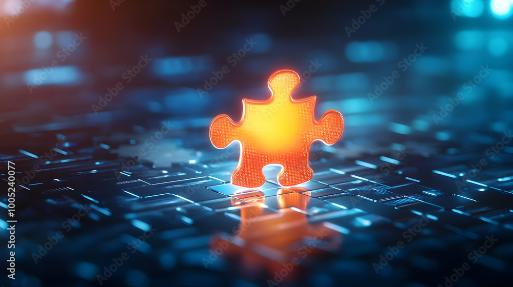 Poster glowing puzzle piece on a digital background, symbolizing problem-solving and innovation.