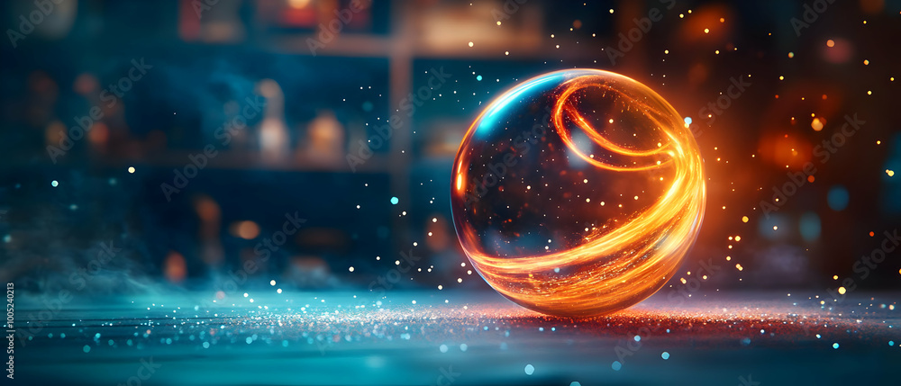Poster glowing orb with vibrant colors and sparkling effects, creating a magical atmosphere.