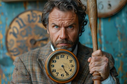 Angry boss with alarm clock and bat  a lesson in time management and workplace discipline