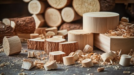 Close-up of wooden logs and shavings in a workshop setting, perfect for woodworking projects and carpentry visuals.