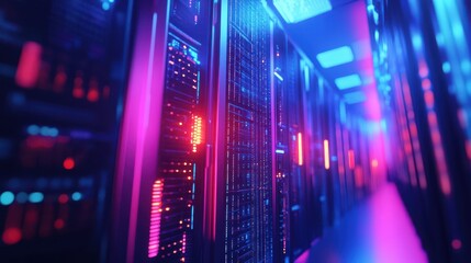 Fototapeta premium Neon Lights Illuminate a Server Room, Abstract Technology Concept.