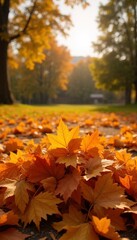 Vibrant autumn leaves scattered on the ground in a warm golden sunset