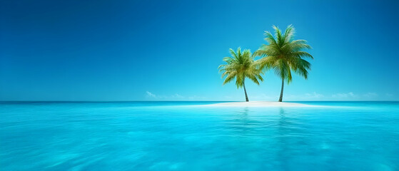 Fototapeta premium Serene tropical beach with two palm trees and calm blue water under a clear sky.