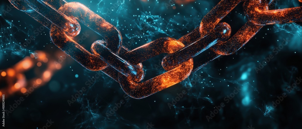 Poster abstract chain link with glowing particles and neon lights - technology and security concept.